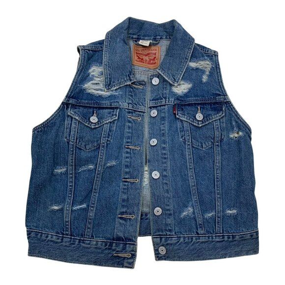 Levis Distressed Denim Vest Jacket Button-Up Sleeveless Blue - Picture 1 of 6
